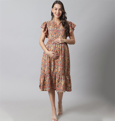 Floral Crepe Maternity A-Line Midi Dress
